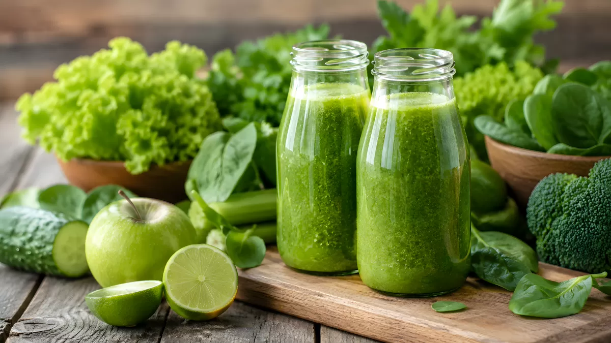 Grüne Smoothies mit frischem Gemüse und Obst