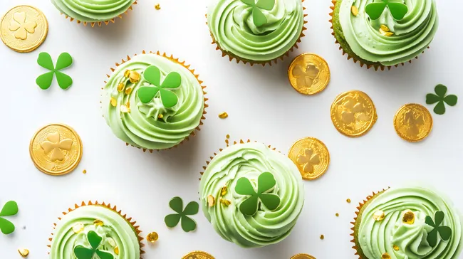 Grüne St. Patrick's Day Cupcakes mit goldenen Münzen