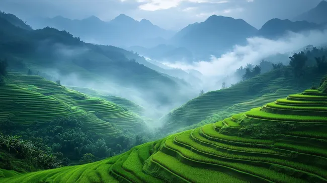 Grüne terrassierte Reisfelder mit Bergnebel in Vietnam