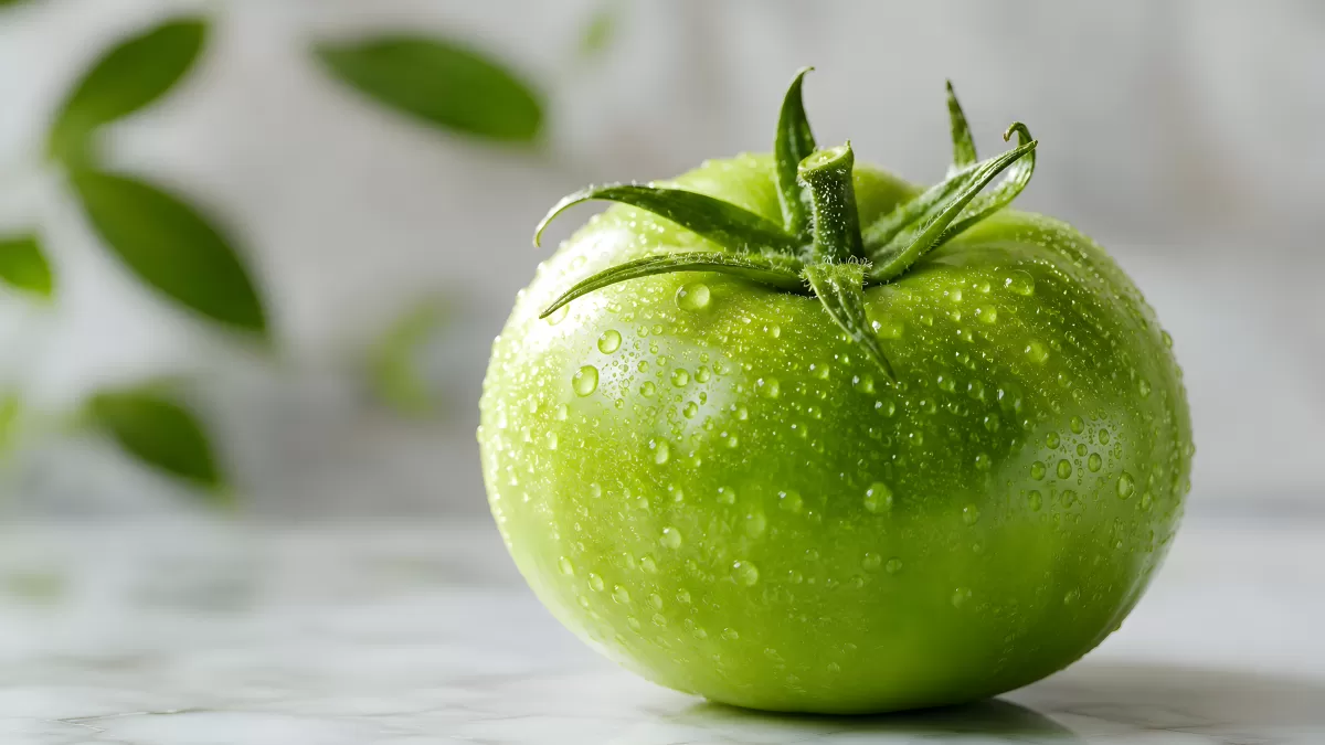 Grüne Tomate mit Wassertropfen auf hellem Untergrund