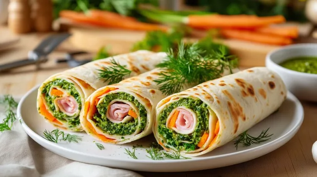 Grüne Tortilla-Wraps mit Schinken und Gemüse