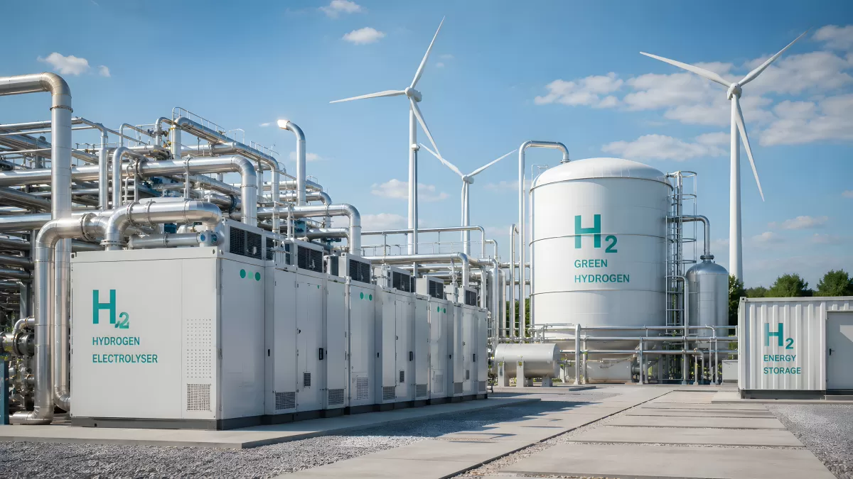 Grüne Wasserstoffanlage mit Elektrolyseur und Windrädern