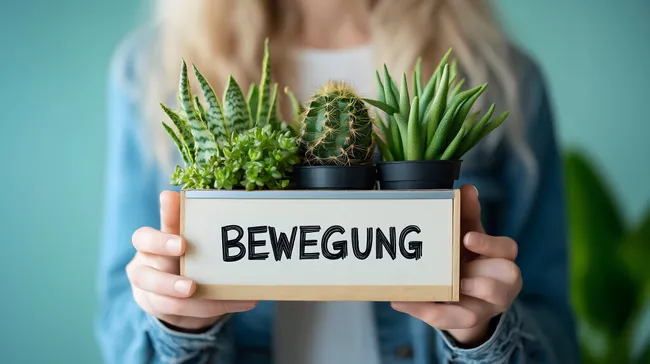 Grüne Zimmerpflanzen mit Schild 'Bewegung'