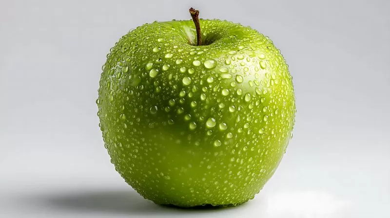 Grüner Apfel mit Wassertropfen isoliert auf weißem Hintergrund