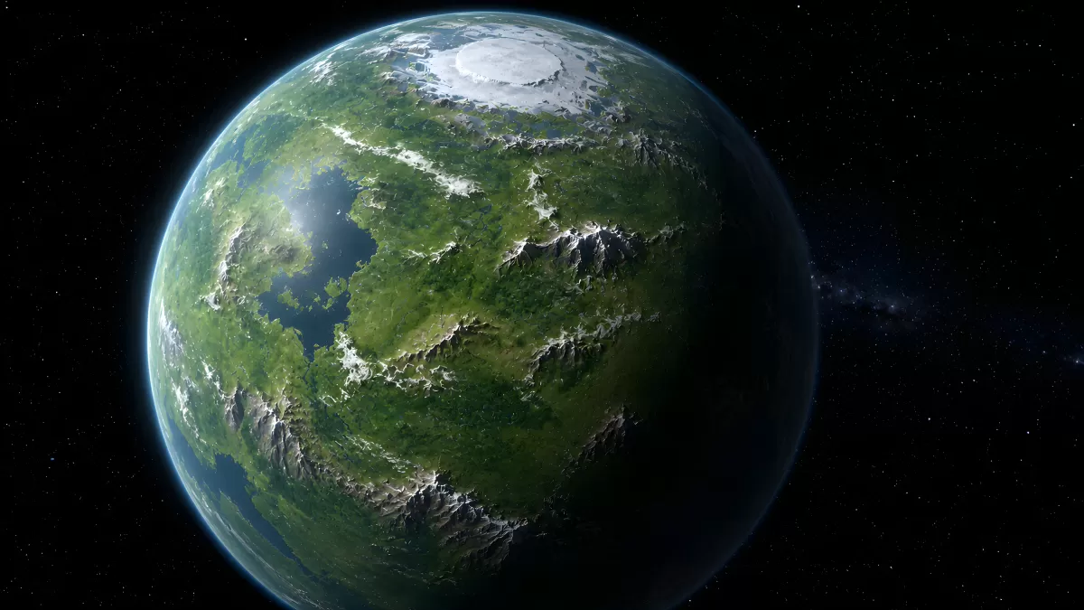 Grüner Exoplanet mit Vegetation aus dem Weltall