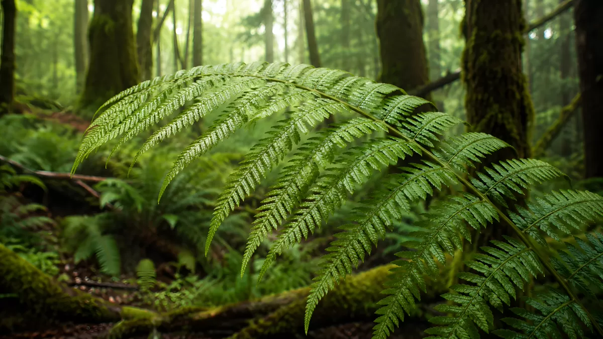 Grüner Farnwedel im nebligen Waldlicht
