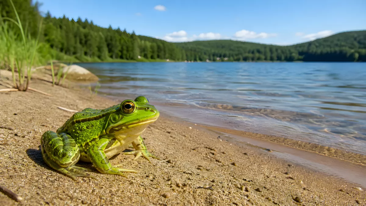 Grüner Frosch am Seeufer in sommerlicher Natur