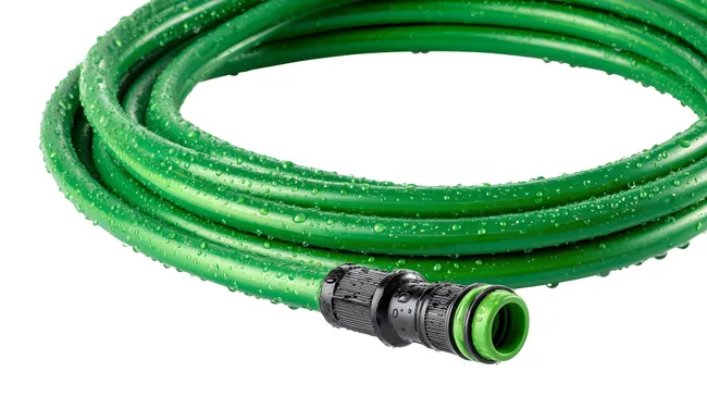 Grüner Gartenschlauch mit Wassertropfen