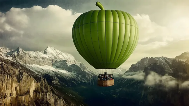 Grüner Heißluftballon über schneebedeckten Bergen