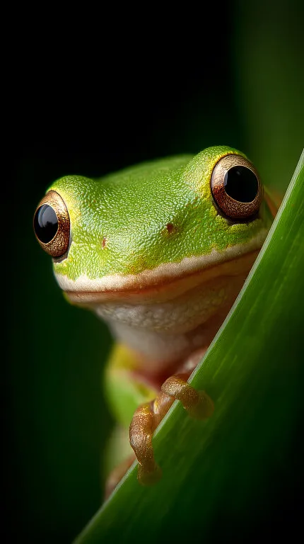 Grüner Laubfrosch mit großen Augen im Blattwerk