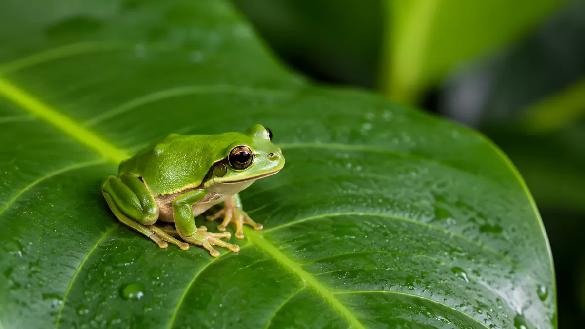 Grüner Laubfrosch sitzt auf einem nassen Blatt