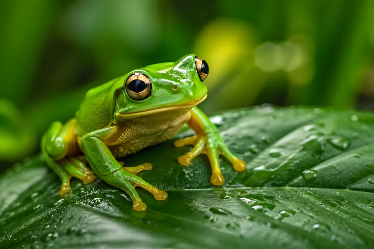 Grüner Laubfrosch sitzt auf feuchtem Blatt im Regenwald