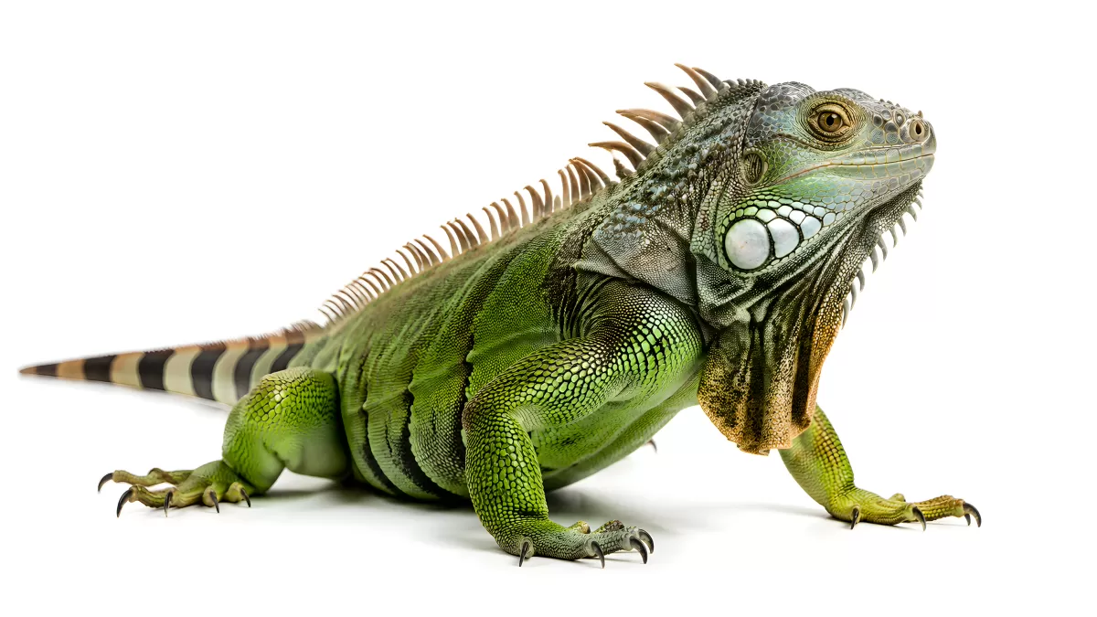 Grüner Leguan in Nahaufnahme vor weißem Hintergrund