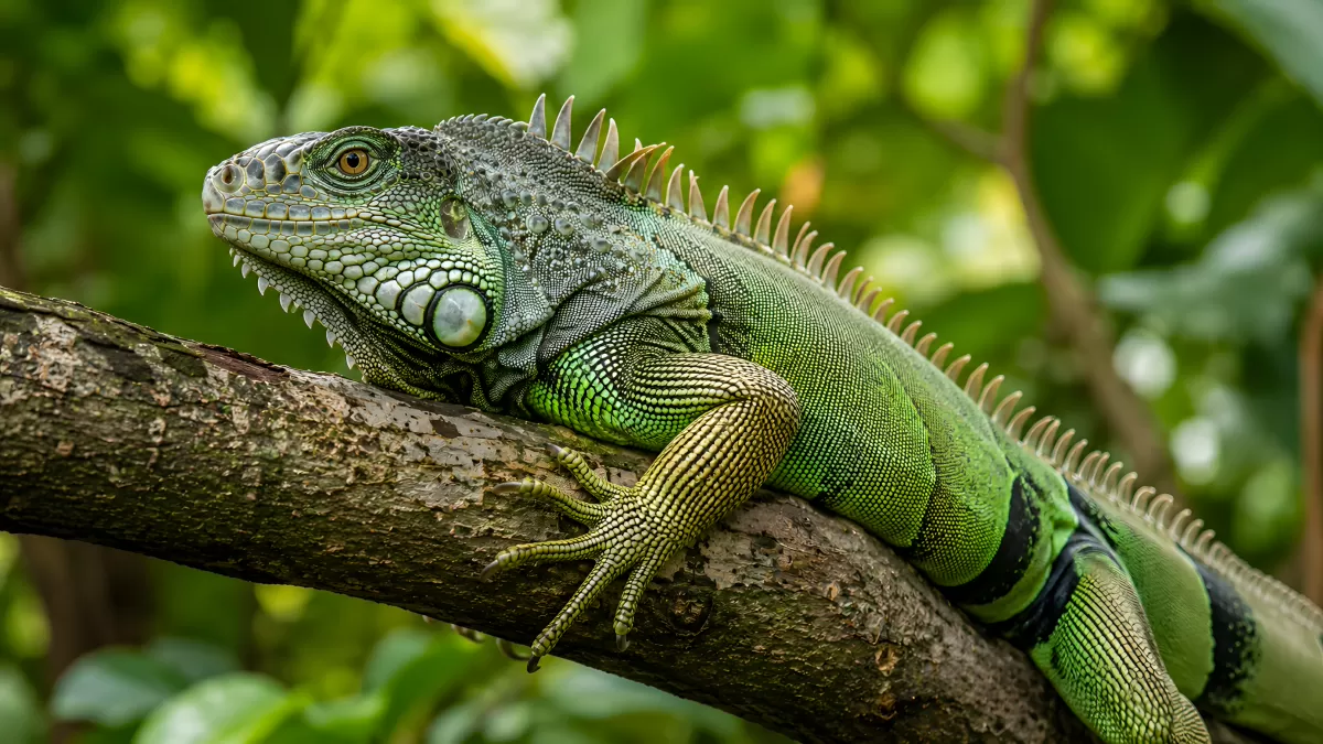 Grüner Leguan ruht auf einem Ast im Dschungel
