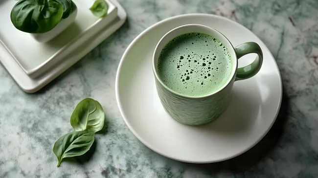 Grüner Matcha-Latte in weißer Tasse auf Marmor