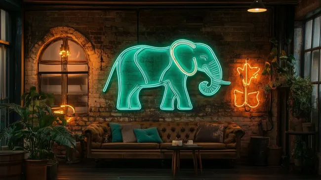 Grüner Neon-Elefant an rustikaler Backsteinwand