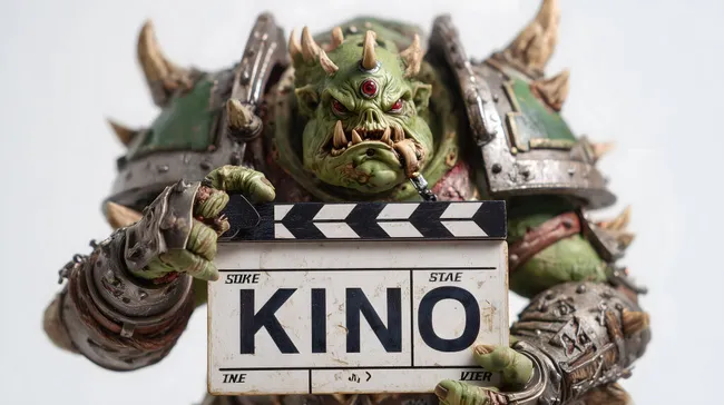 Grüner Ork hält Filmklappe mit Aufschrift 'Kino'