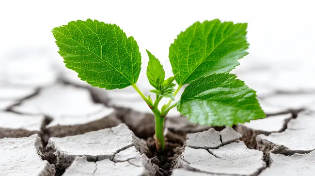 Grüner Pflanzentrieb wächst aus trockener Erde