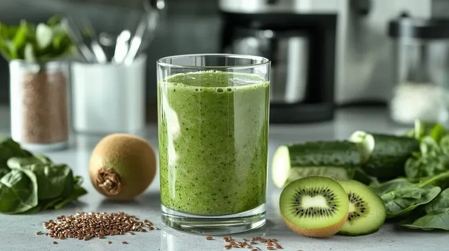 Grüner Smoothie mit Kiwi und Spinat in moderner Küche