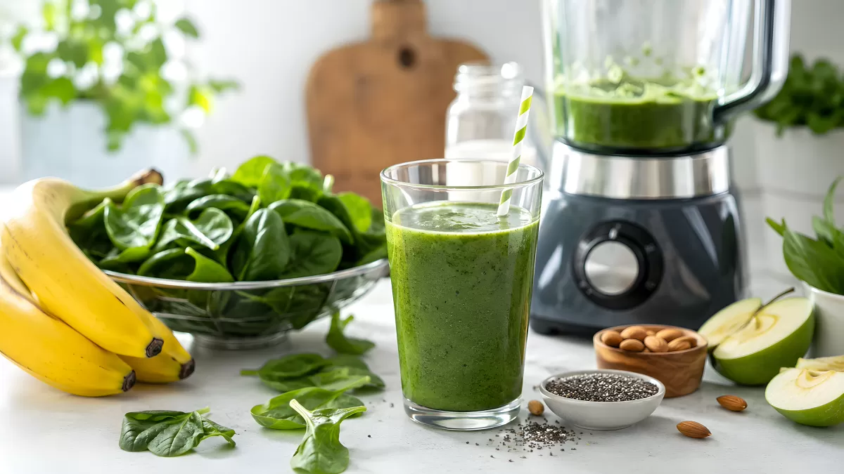Grüner Smoothie mit Spinat, Banane und Apfel