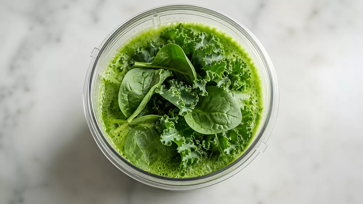 Grüner Smoothie mit Spinat und Grünkohl im Mixer