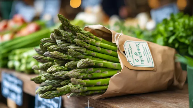 Grüner Spargel in Papiertüte auf Marktstand