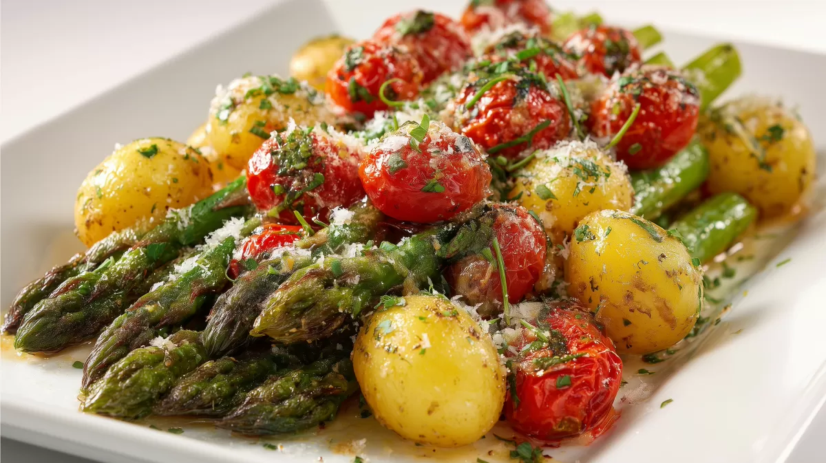 Grüner Spargel mit Kartoffeln, Tomaten und Parmesan