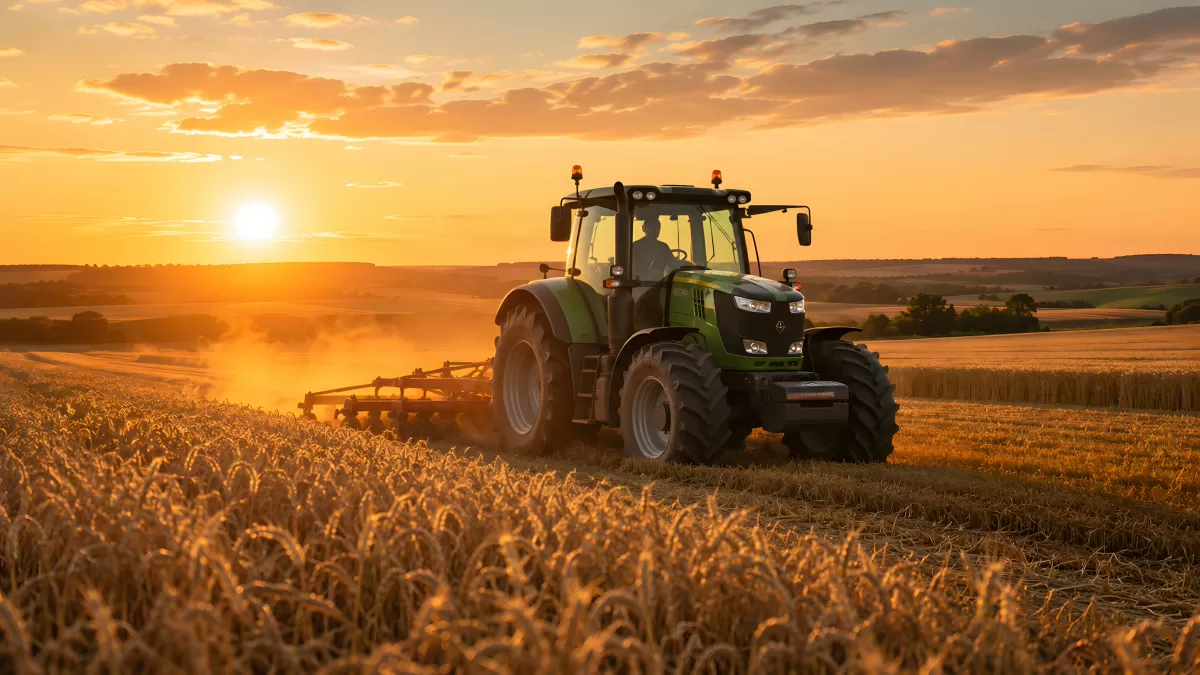 Grüner Traktor bei der Getreideernte im Sonnenuntergang