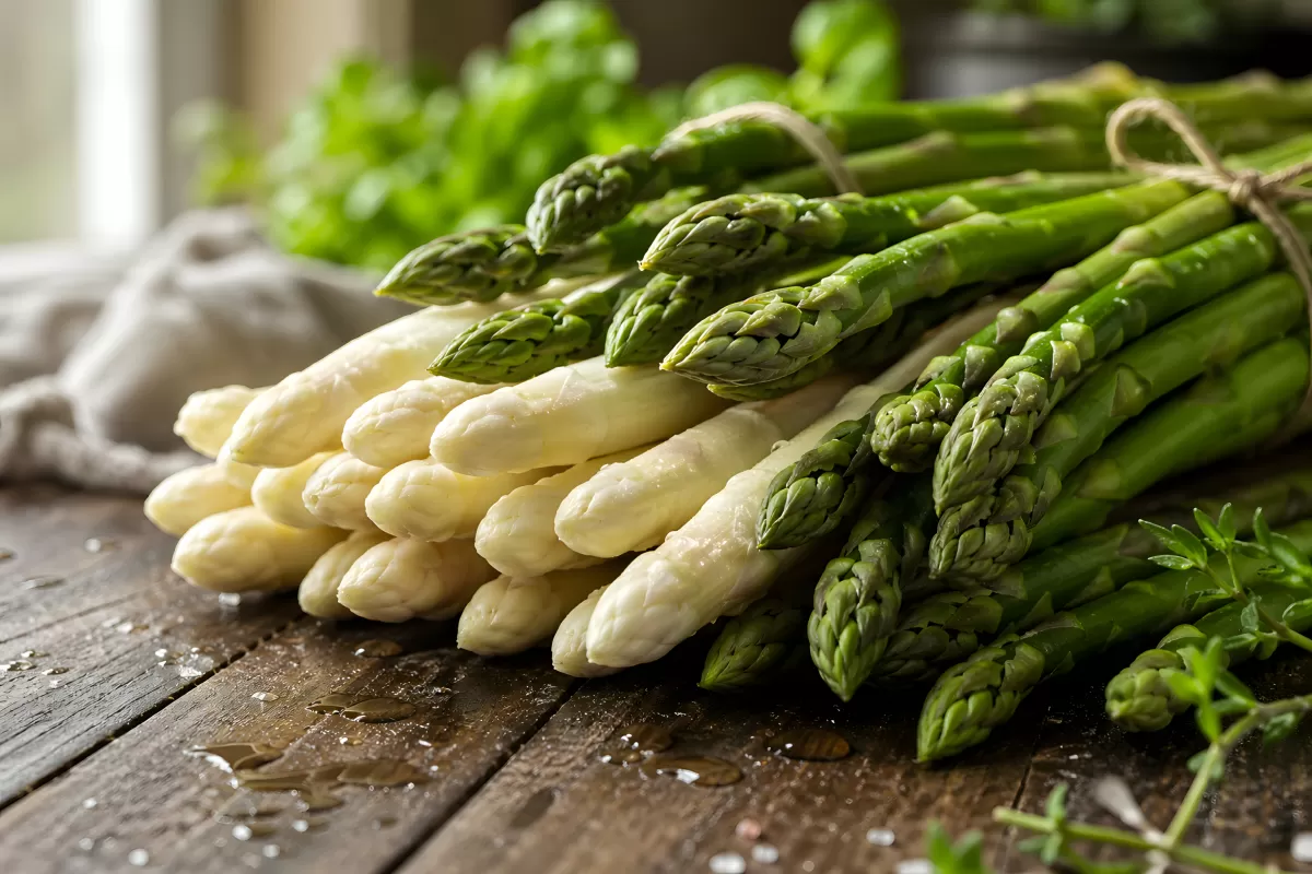 Grüner und weißer Spargel auf rustikalem Holztisch
