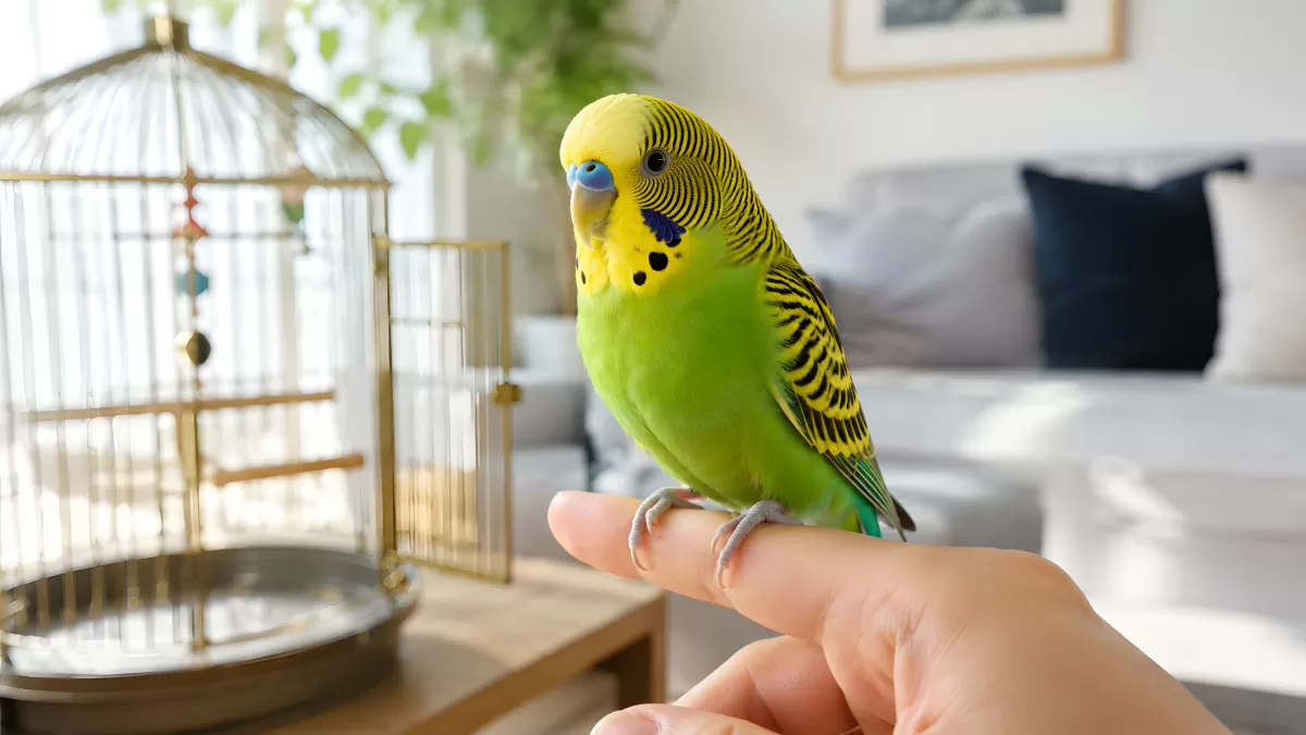Grüner Wellensittich sitzt auf einem Finger