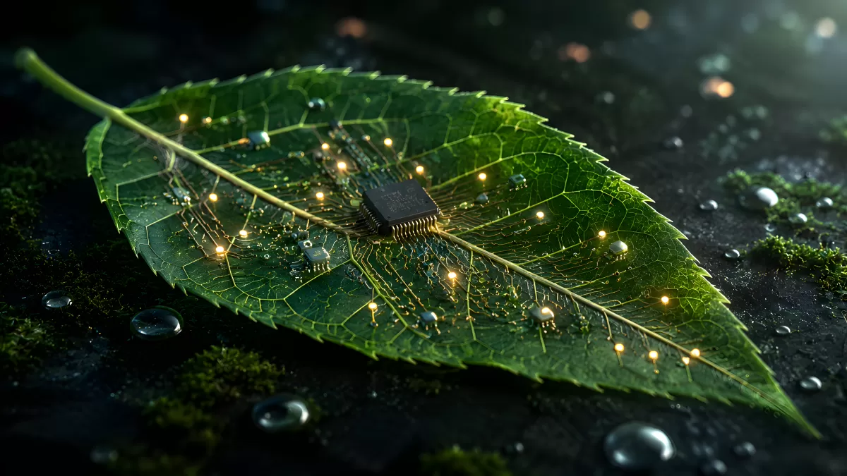 Grünes Blatt mit Mikrochip und leuchtenden Schaltkreisen