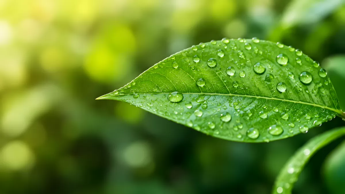 Grünes Blatt mit Wassertropfen in Nahaufnahme