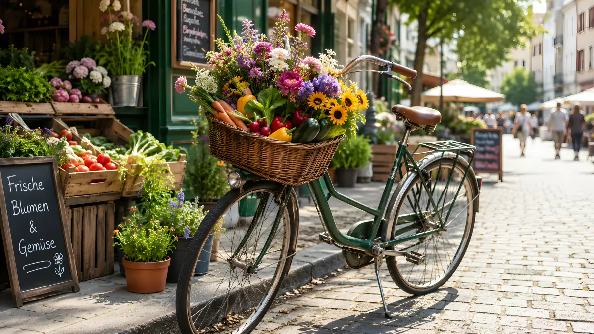 Grünes Fahrrad mit Blumenkorb vor Gemüseladen