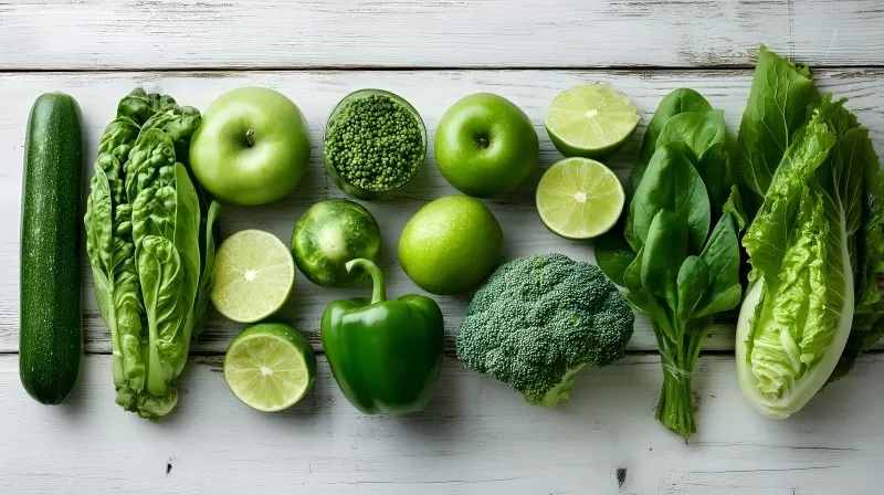 Grünes Gemüse und Obst für Detox auf weißem Holz
