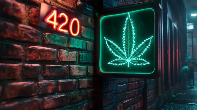 Grünes Hanfblatt-Neon-Schild an Backsteinwand