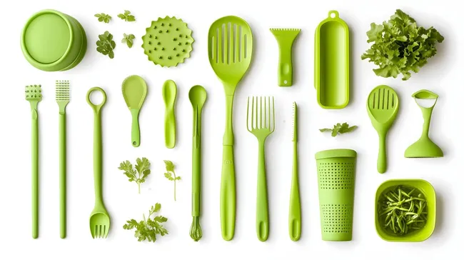 Grünes Küchenhelfer-Set auf weißem Hintergrund