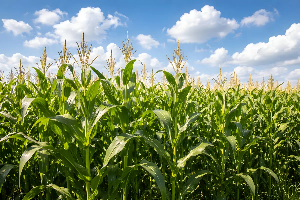 Grünes Maisfeld mit blauem Himmel im Sommer