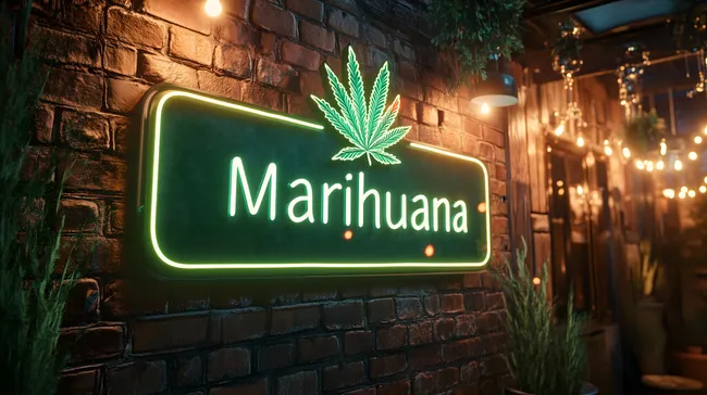 Grünes Marihuana-Neonschild an beleuchteter Mauer