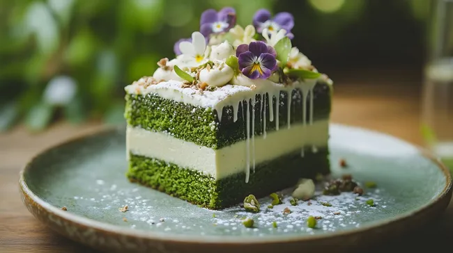 Grünes Matcha-Dessert mit bunter Blumendekorationen