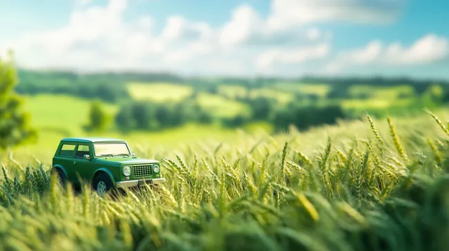 Grünes Miniatur-Geländewagen in grüner Feldlandschaft