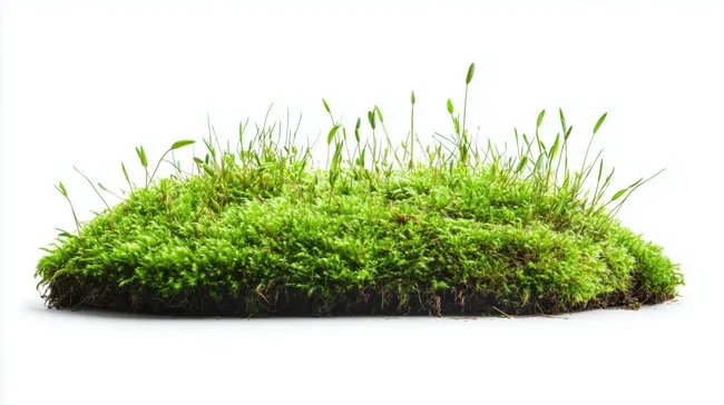 Grünes Moos mit Grashalmen auf weißem Hintergrund