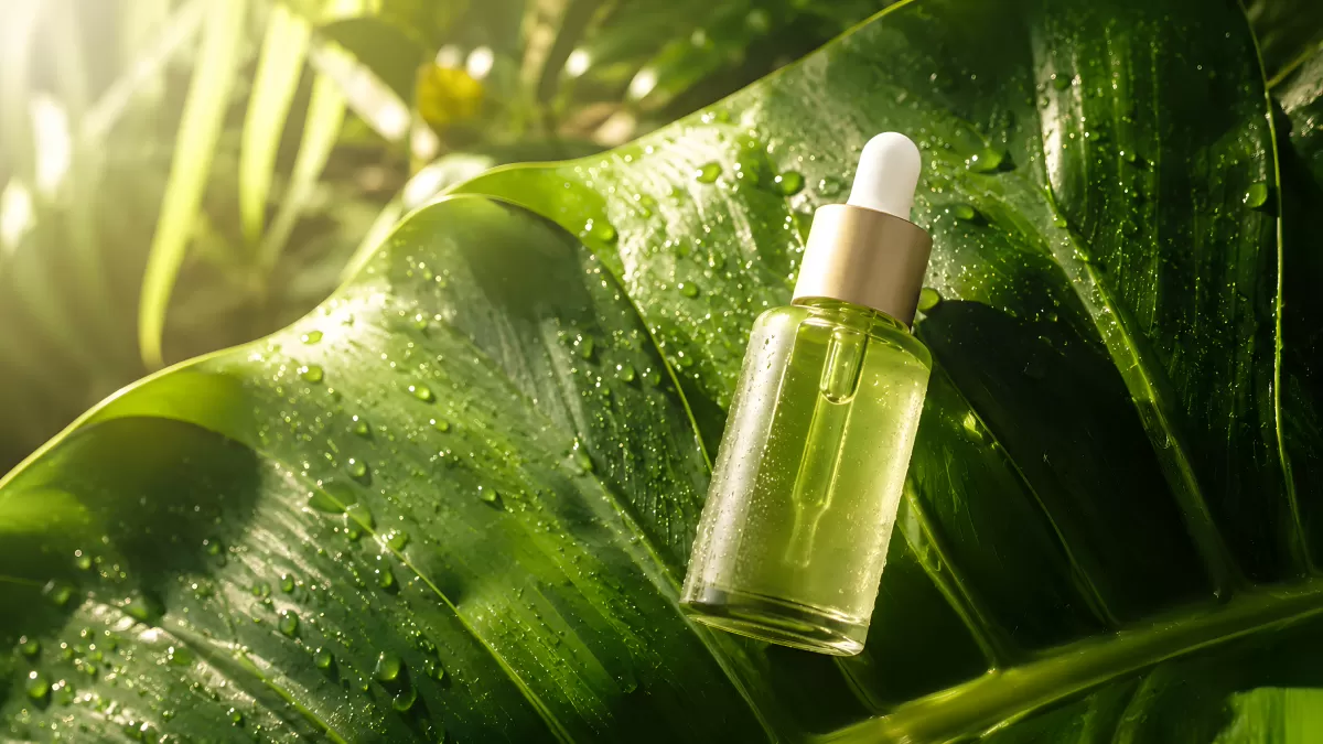 Grünes Pflanzenblatt mit Serum-Tropfflasche und Wassertropfen