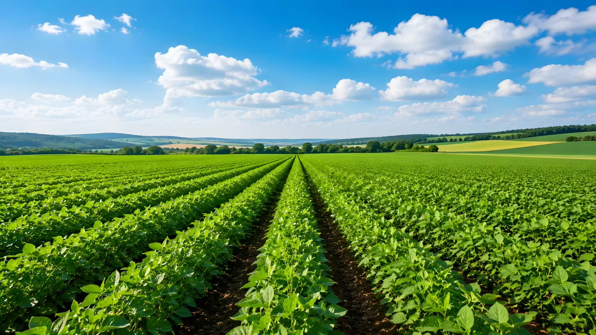 Grünes Sojafeld mit Reihen unter blauem Himmel