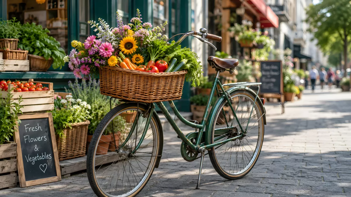 Grünes Vintage-Fahrrad mit Blumen und Gemüse in der Stadt
