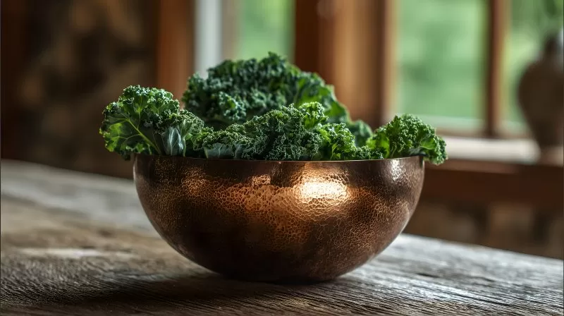 Grünkohl in Kupferschüssel auf Holztisch im Landhausstil