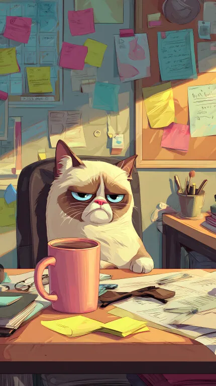 Grumpy Cat im Büro bei der Arbeit - Comic-Illustration