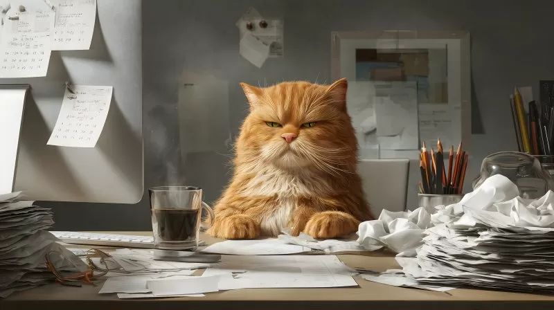 Grumpy Cat Kater mit genervtem Blick am chaotischen Büroarbeitsplatz