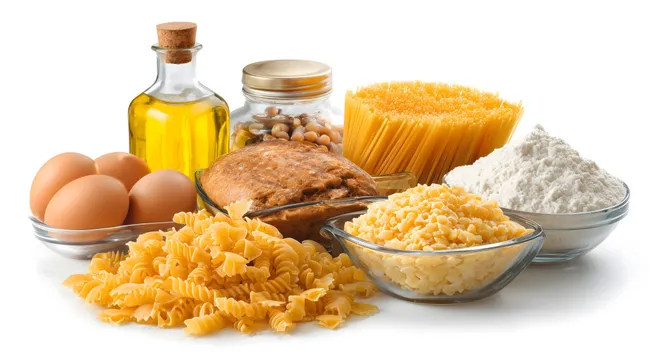 Grundnahrungsmittel wie Pasta, Mehl, Eier und Öl