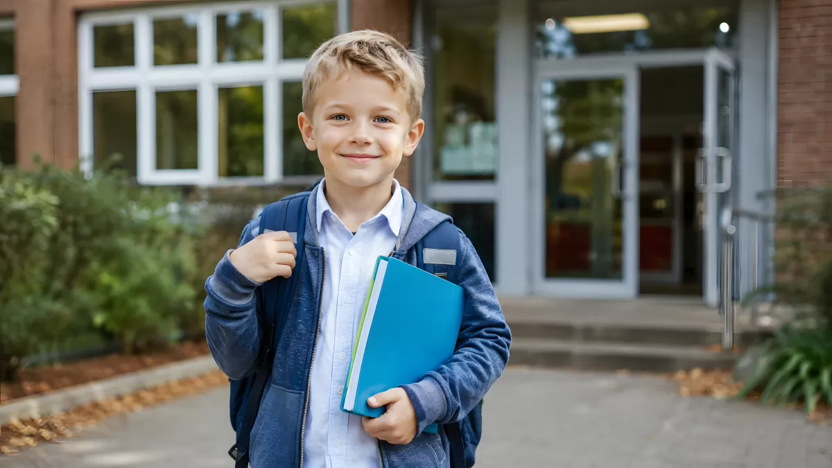 Grundschüler mit Rucksack vor dem Schulgebäude