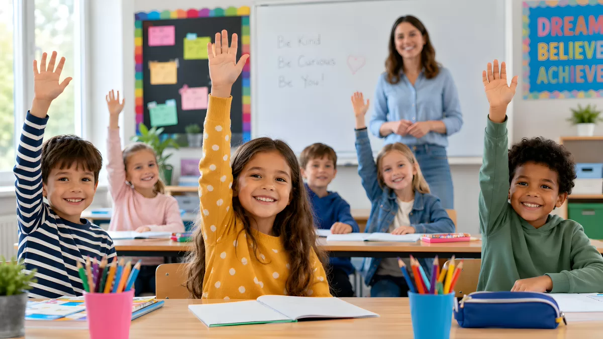 Grundschulkinder heben begeistert die Hand im Unterricht